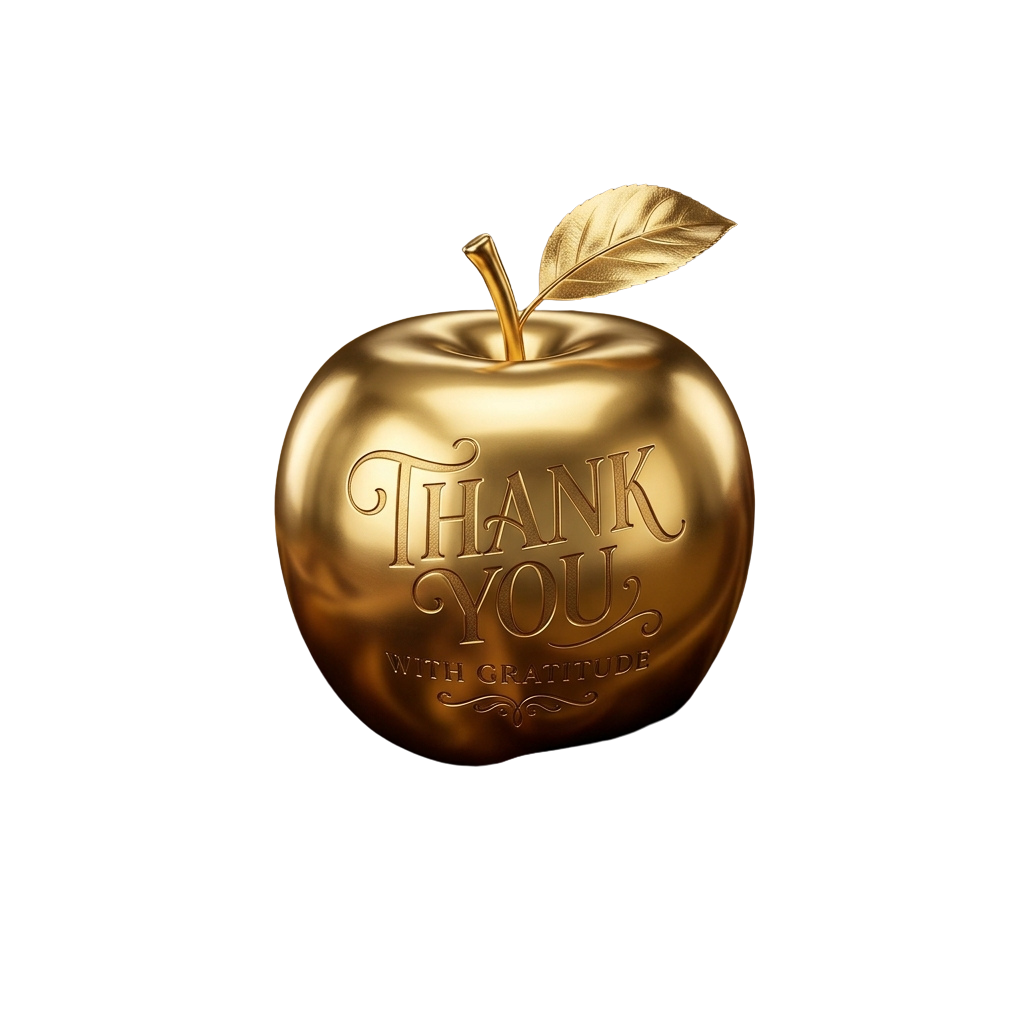Golden apple with leaf and engraved text