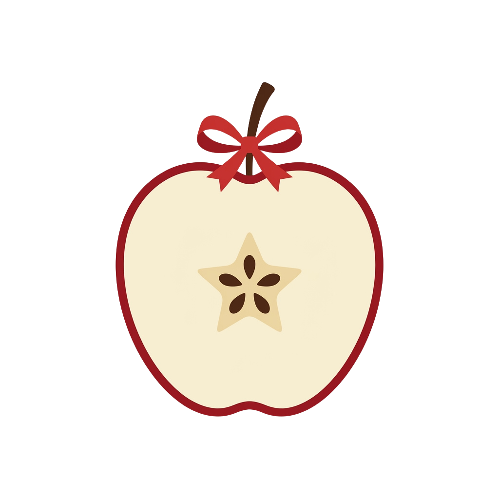 An illustration of a cut apple with a star shape in the center and a red bow on top