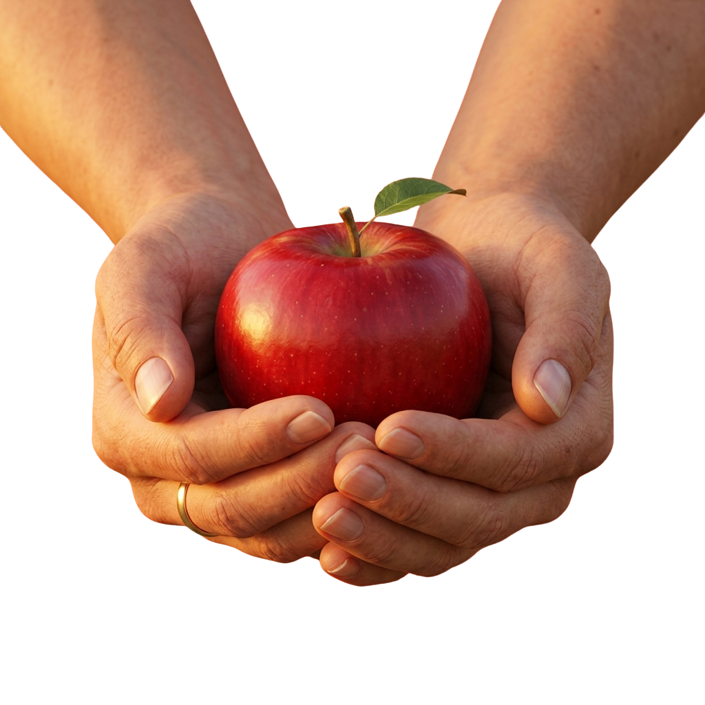 Two hands holding a red apple with a green leaf on top