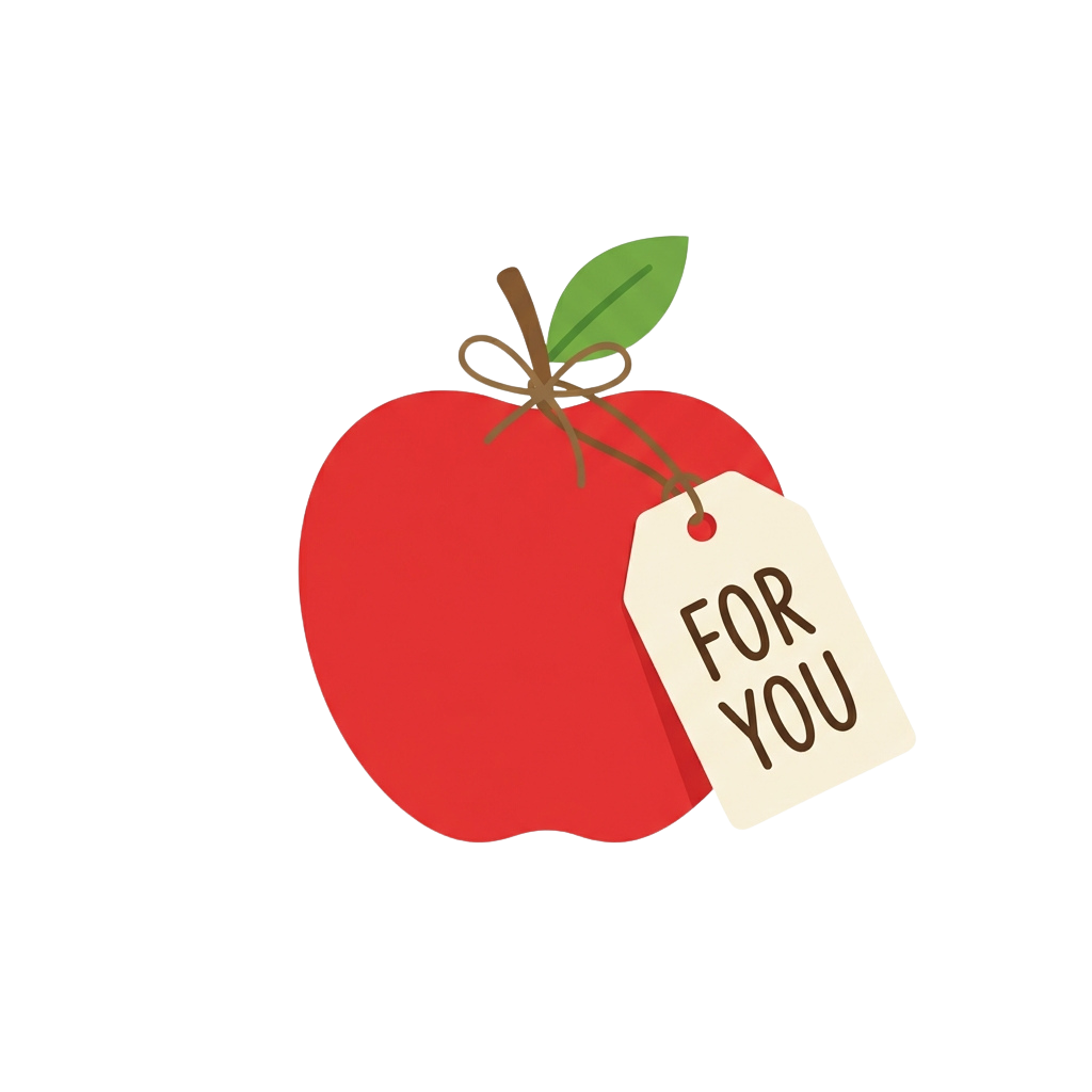 A red apple with a green leaf and a gift tag that says FOR YOU