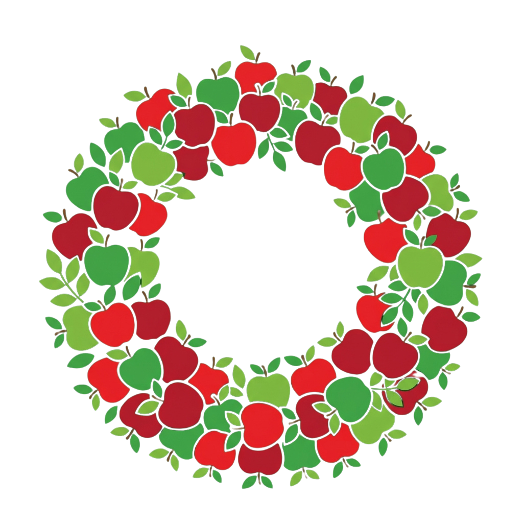 A circular arrangement of red and green apples with leaves on a black background