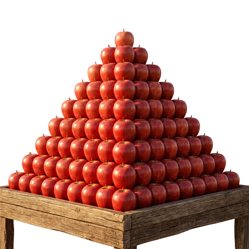 A large pyramid of shiny red apples stacked on a wooden table