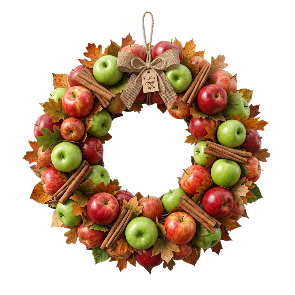 A wreath made of apples, cinnamon sticks, and fall leaves on a black background