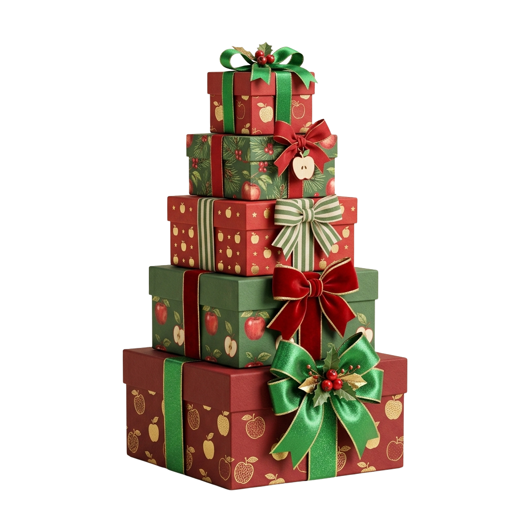 A stack of wrapped Christmas presents in red and green