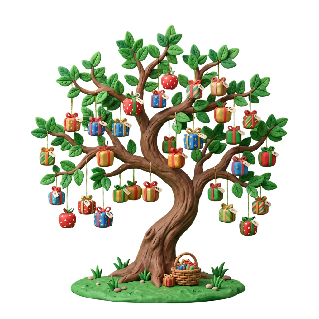 A tree with green leaves and colorful presents and apples hanging from its branches