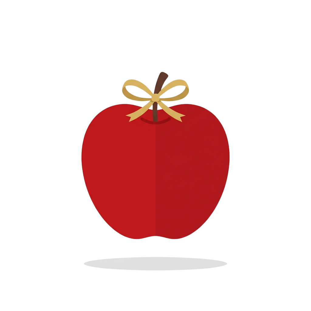 A red apple with a yellow ribbon tied around its stem