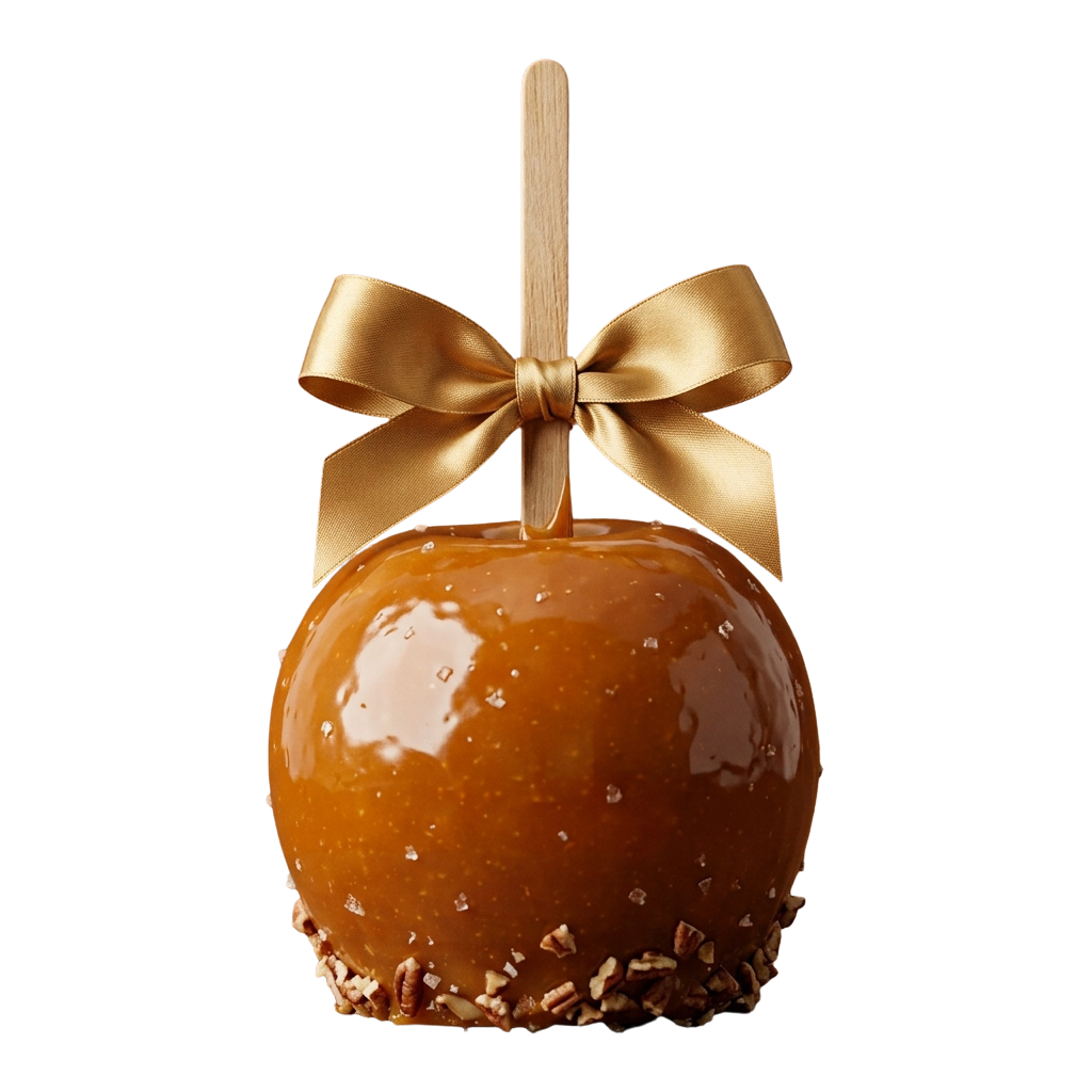 A caramel-coated apple with a golden ribbon and chopped nuts