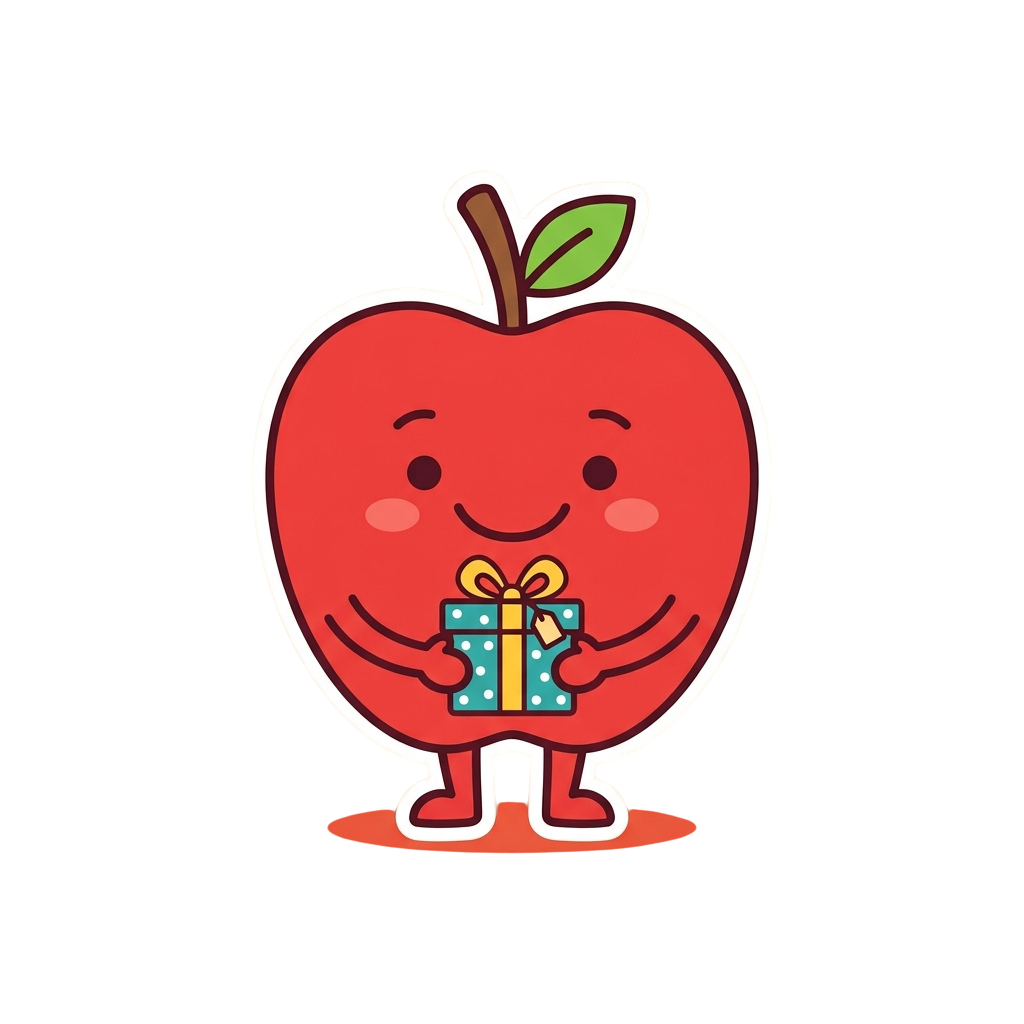 A cartoon apple with a smile holding a gift