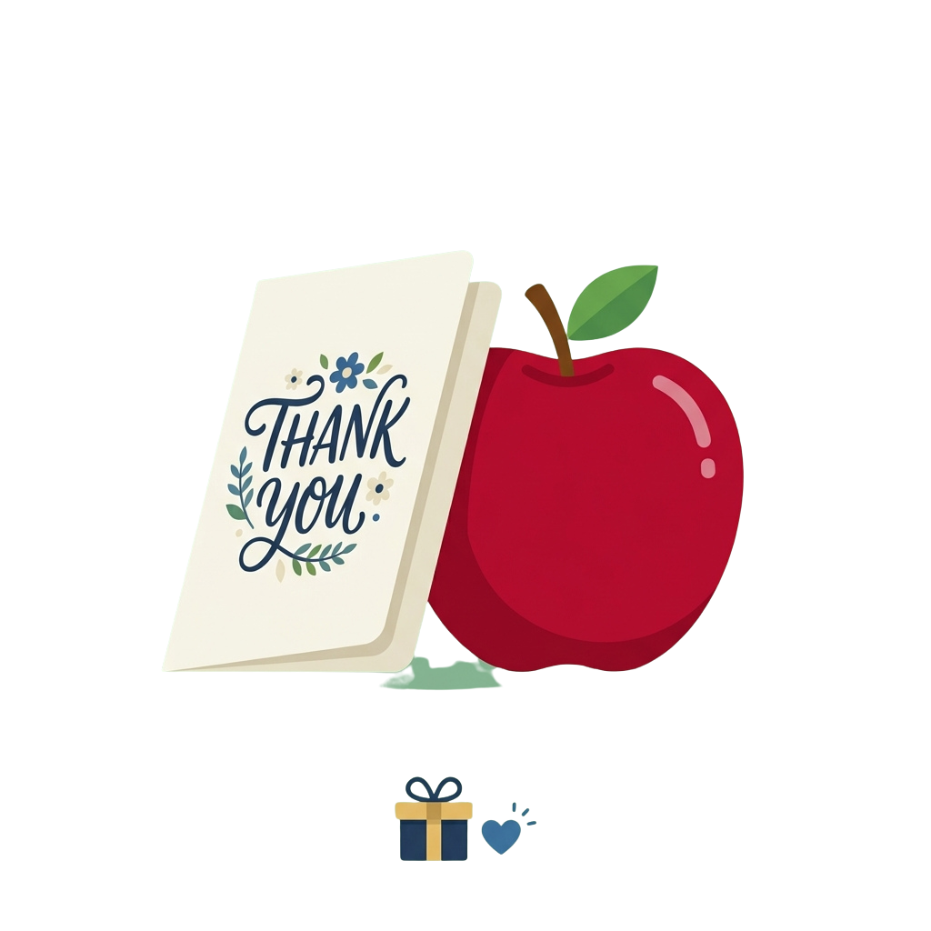 A thank you card with a red apple and a gift