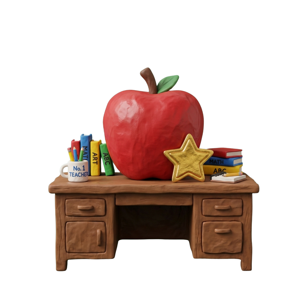 A wooden teacher's desk with a large red apple, books, a star, and a mug