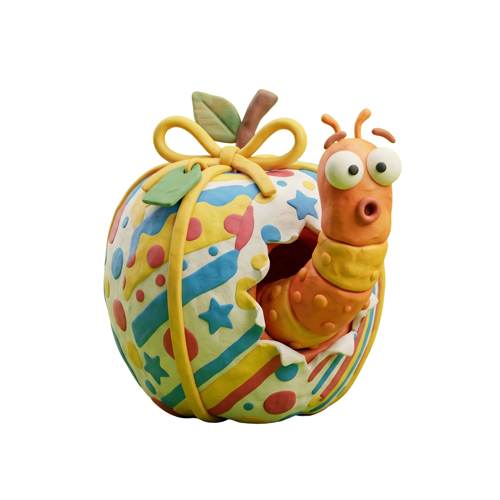 Clay sculpture of orange caterpillar peeking out of a decorated apple