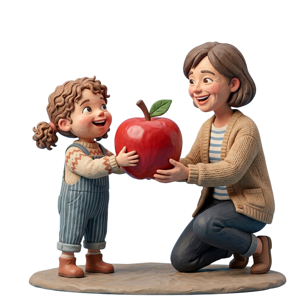 A cartoon woman and child holding a large red apple