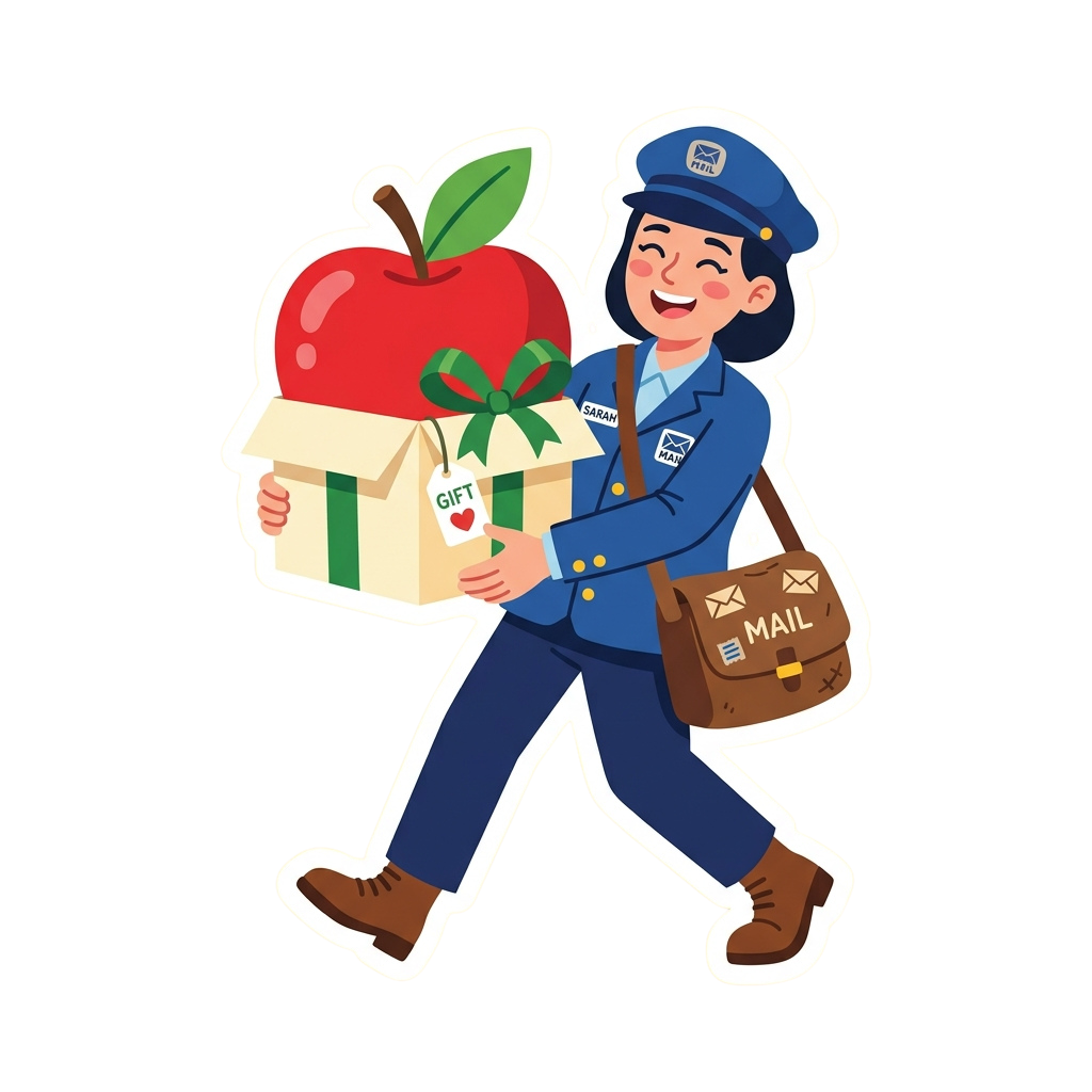 Cartoon mail carrier holding a gift box and an apple