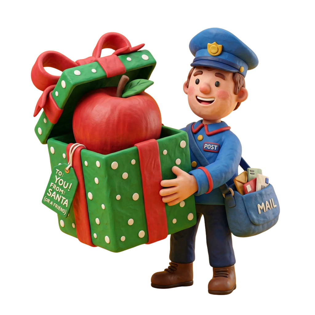 A cartoon mailman in a blue uniform holding a green gift box with a red apple and a tag that says to you from Santa