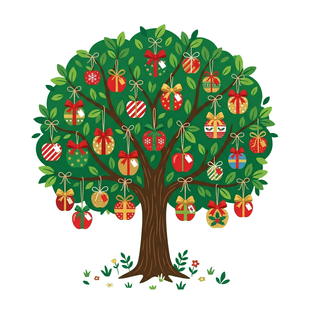 Illustration of a tree with green leaves and various hanging Christmas ornaments