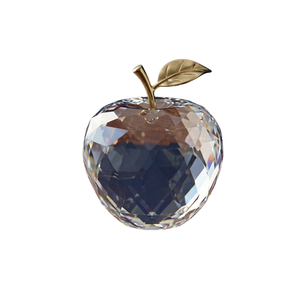 A crystal apple with a gold leaf and stem