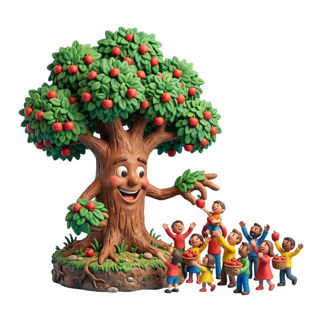 a cartoon tree with smiling face and children picking apples