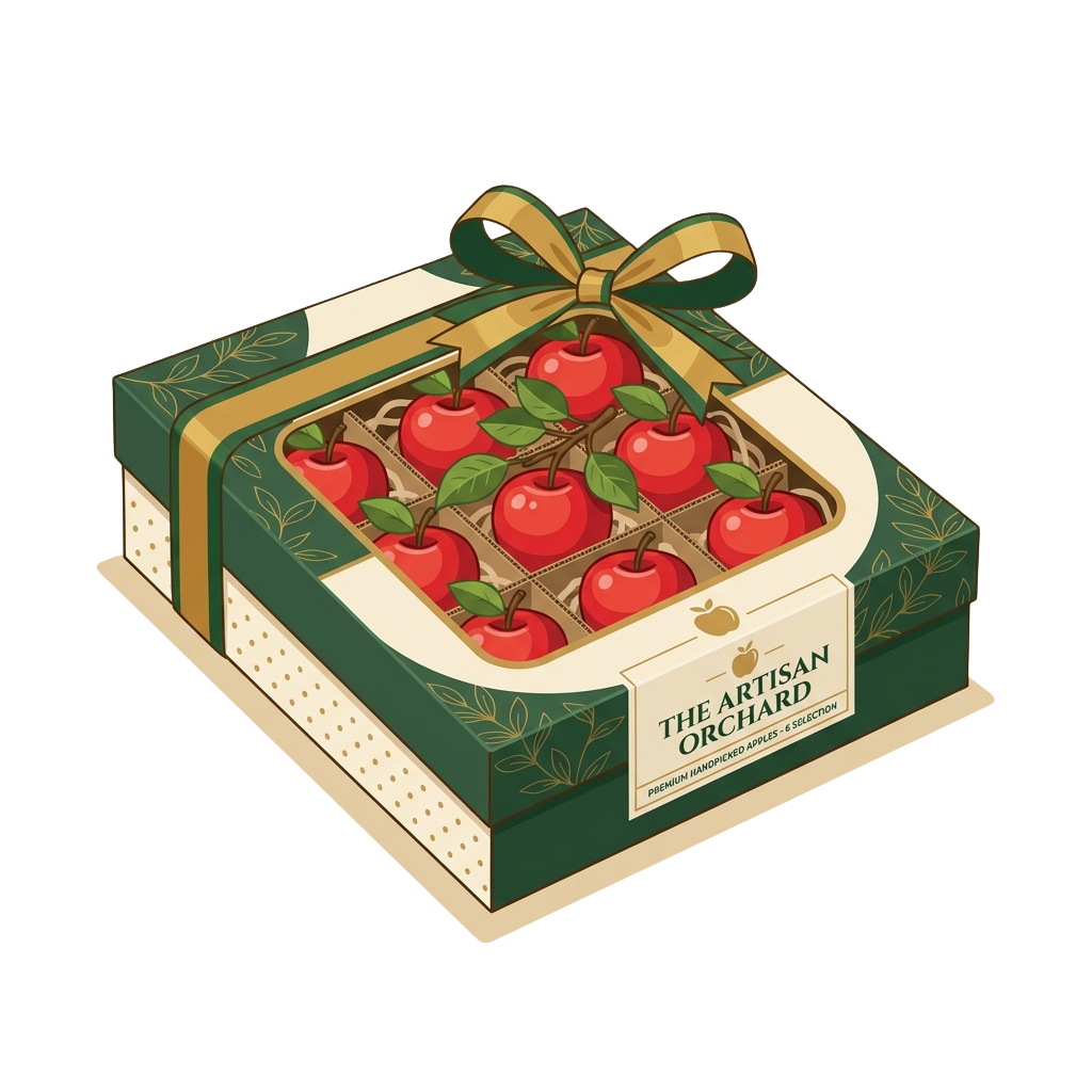 A green gift box with a gold ribbon containing red apples