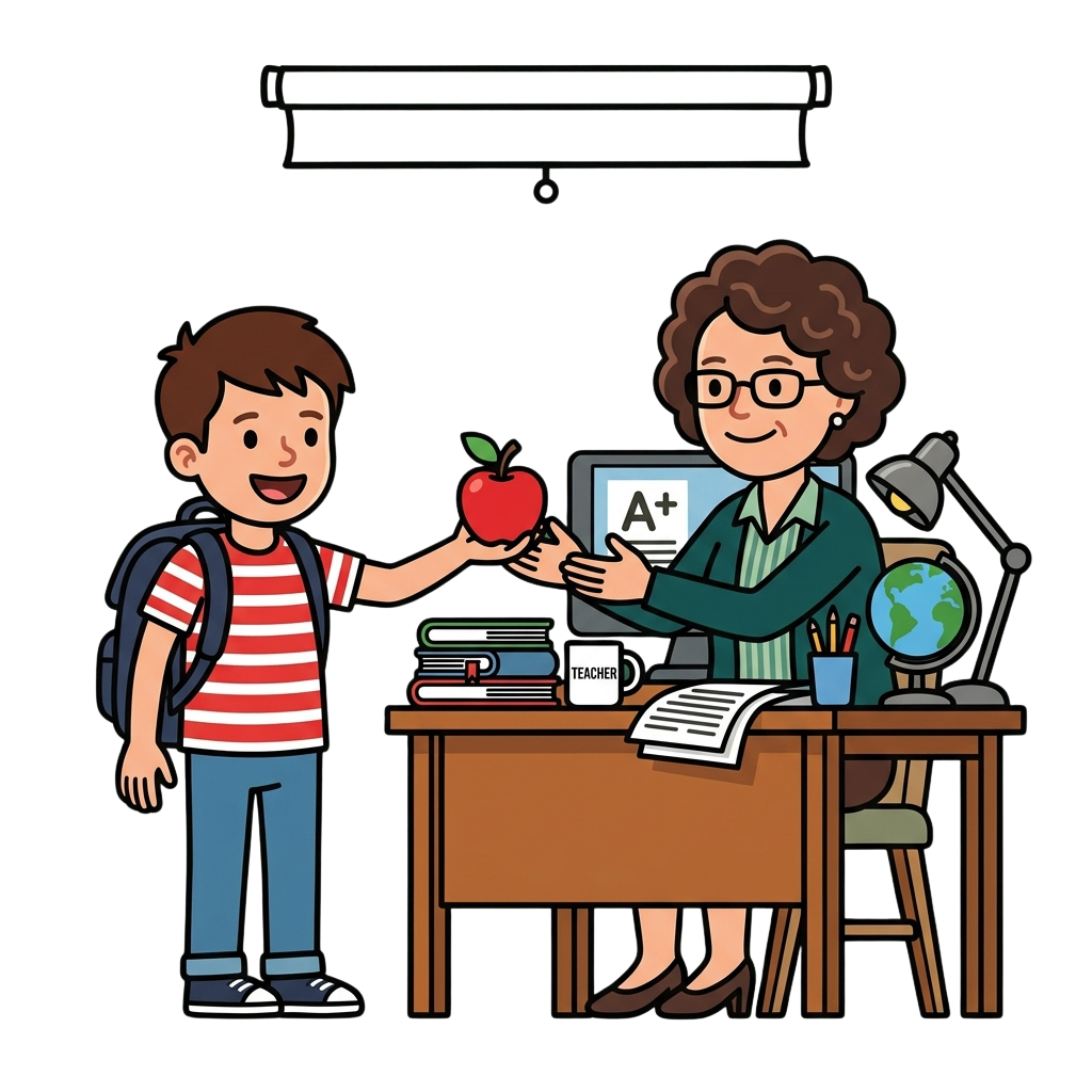 Cartoon image of a student handing a red apple to a teacher