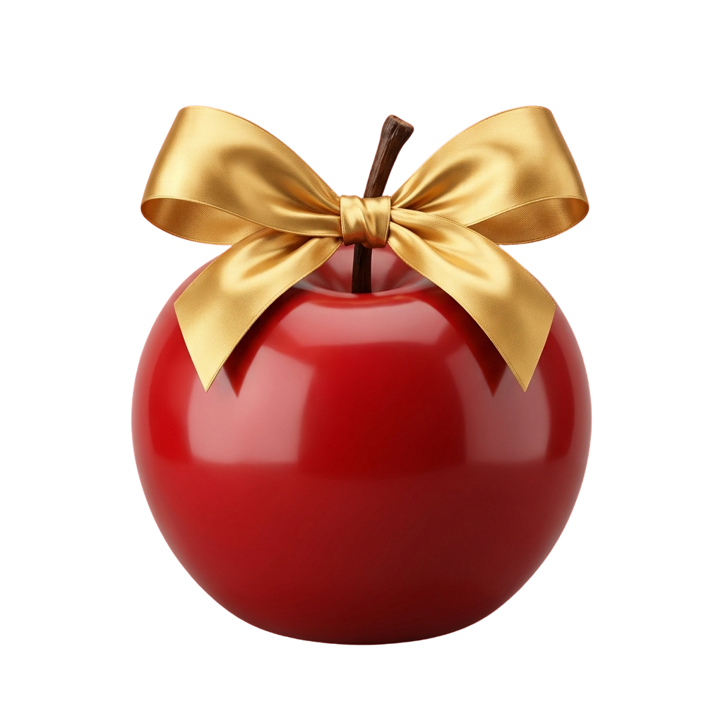 A shiny red apple with a gold bow on a black background