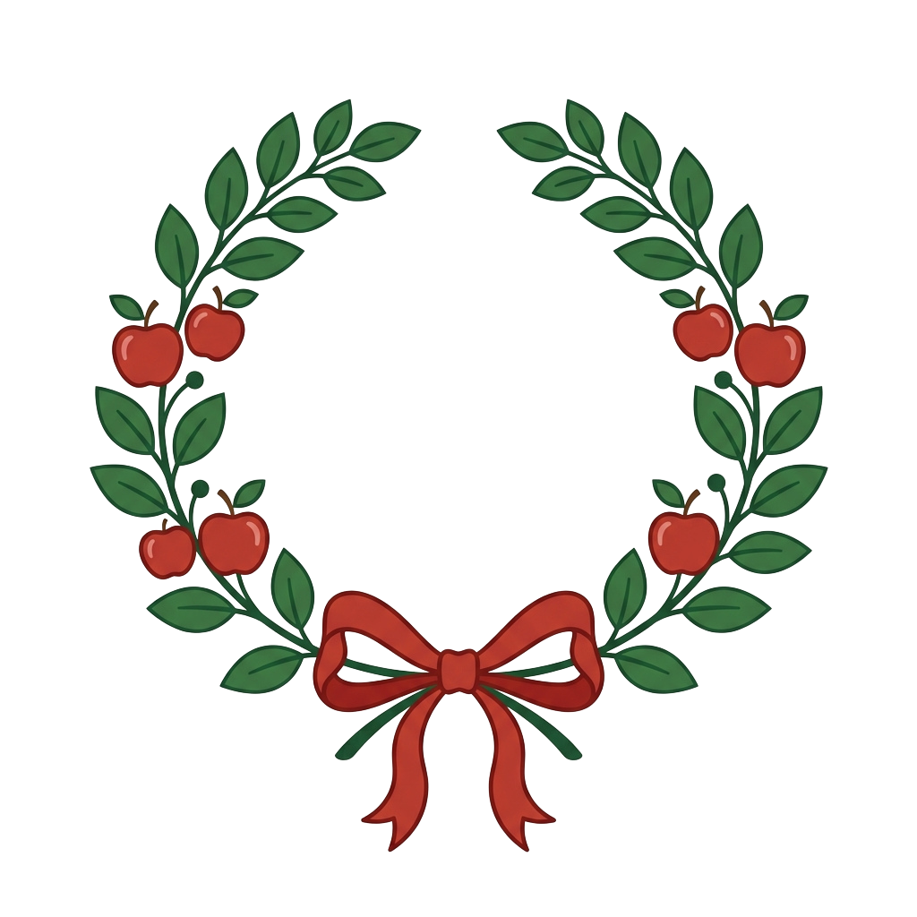A wreath made of green leaves and red apples with a red bow