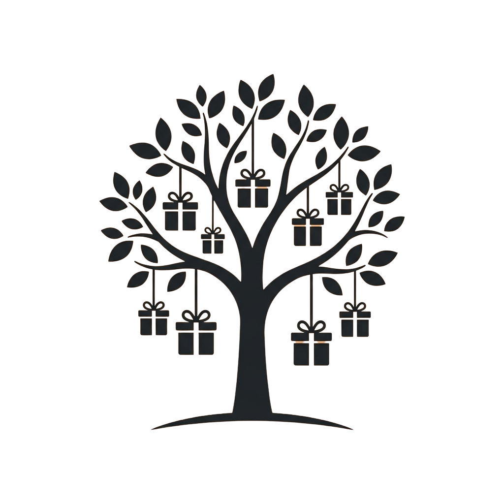 A tree with presents hanging from its branches