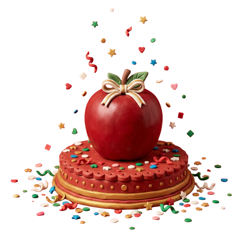 A red apple with a bow on top of a red cake with confetti