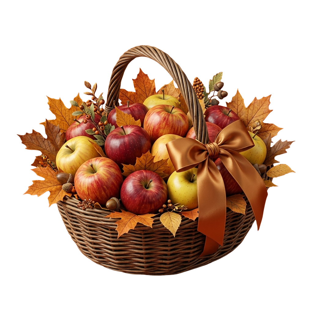 A wicker basket filled with red and yellow apples, surrounded by fall leaves and a brown ribbon