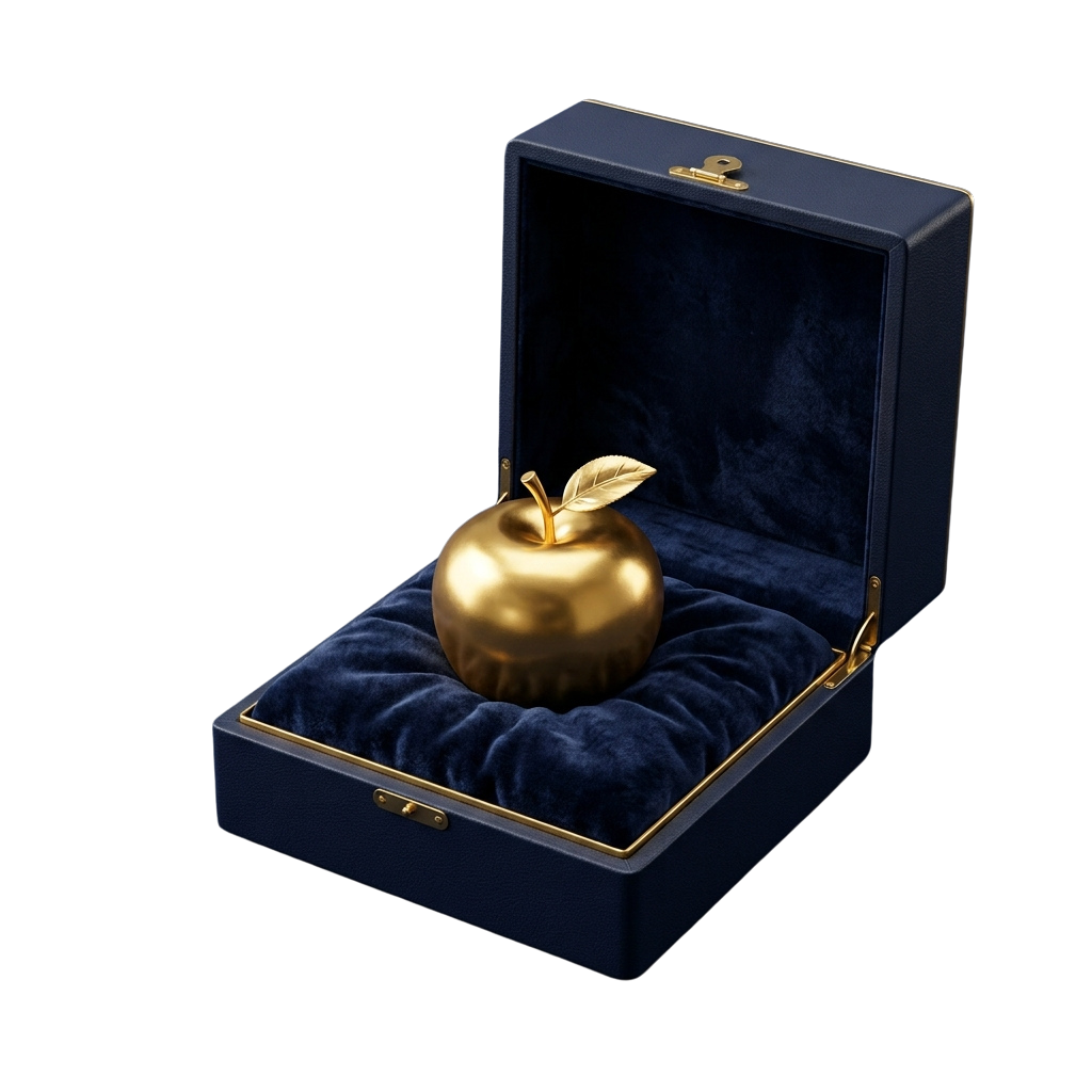 A shiny gold apple with a leaf on top sits in a blue velvet box