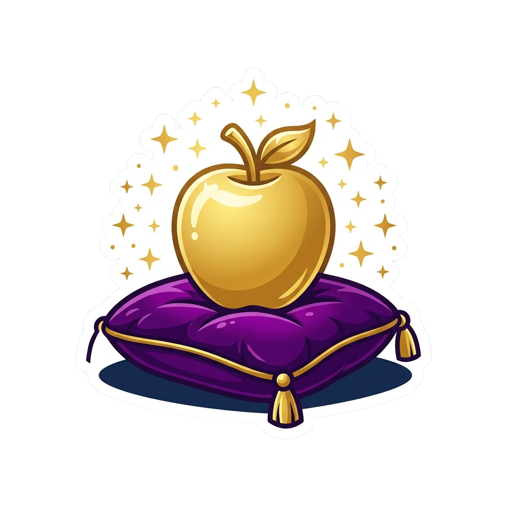 A shiny gold apple on a purple velvet pillow with gold trim