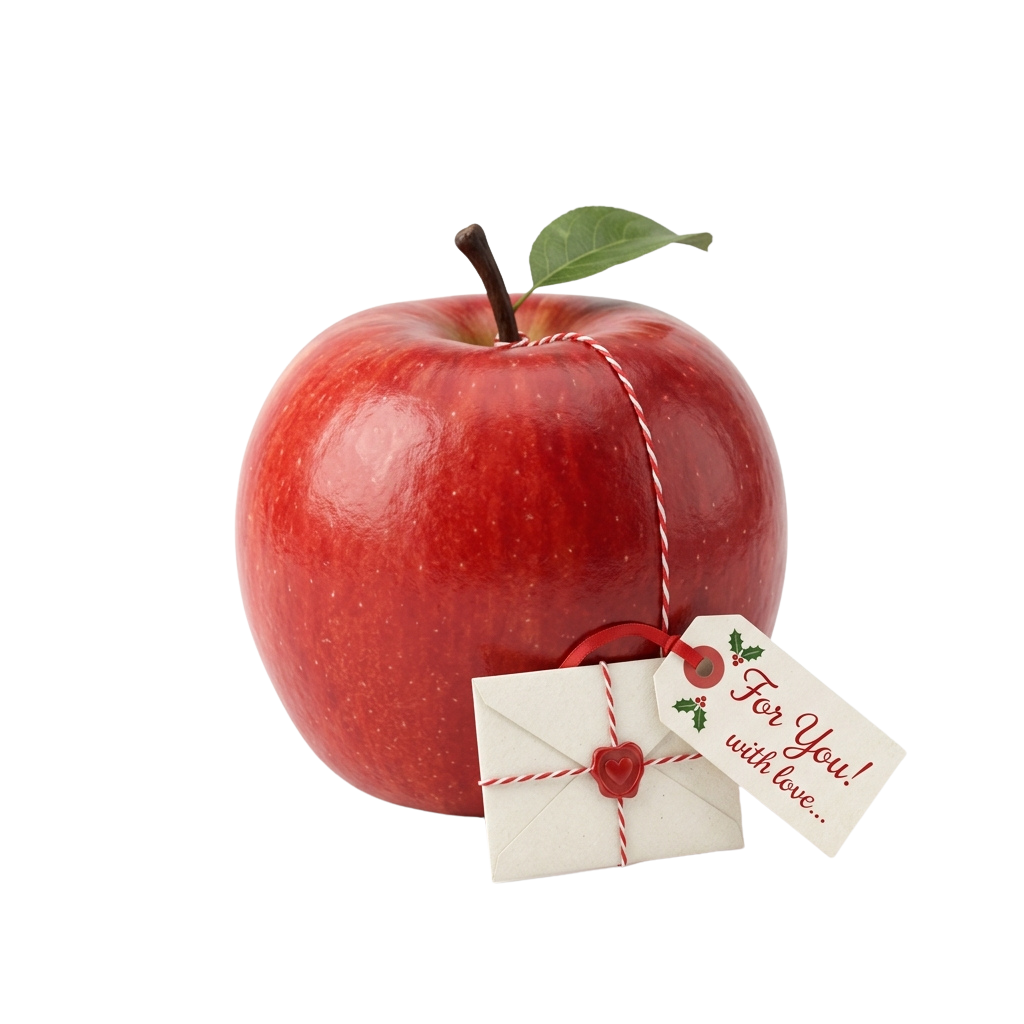 A shiny red apple with a green leaf and a gift tag and envelope