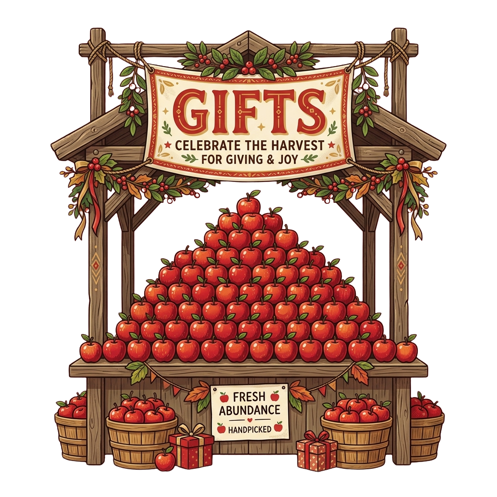 Illustration of a wooden stand filled with apples and a sign reading Gifts Celebrate the Harvest