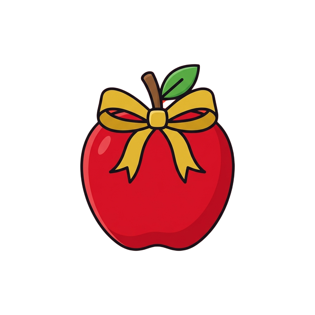 A red apple with a yellow bow and green leaf
