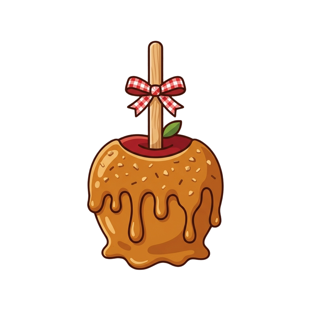 An illustration of a caramel candy apple with a red and white checkered bow on a stick