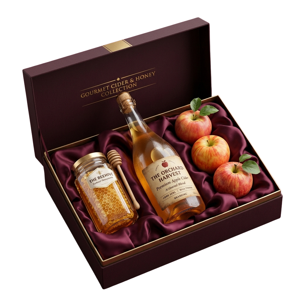 A gift box containing a bottle of cider, a jar of honey, a honey dipper, and apples