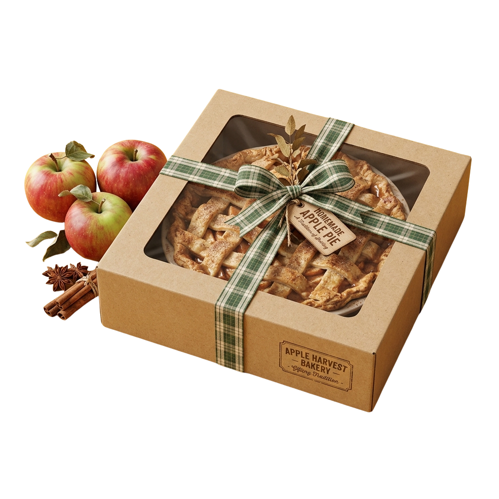 A homemade apple pie in a brown gift box with a green plaid ribbon, surrounded by fresh apples and cinnamon sticks.