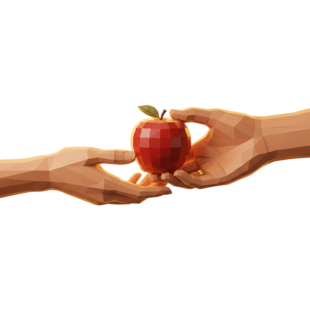 Two hands passing a red apple with a green leaf
