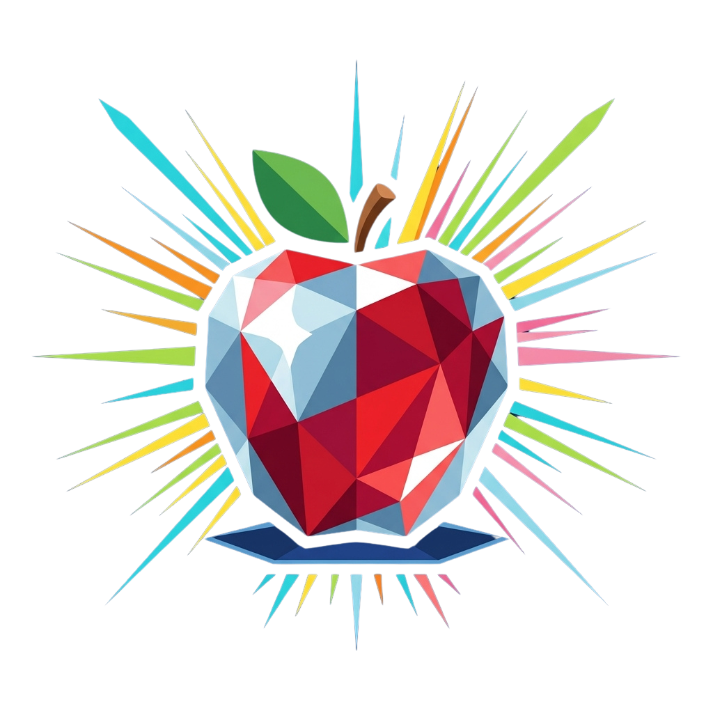 A colorful geometric apple with a green leaf on a black background