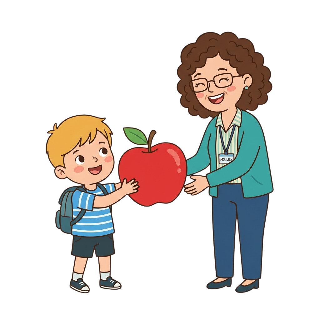 A cartoon image of a woman and a young boy holding a large red apple