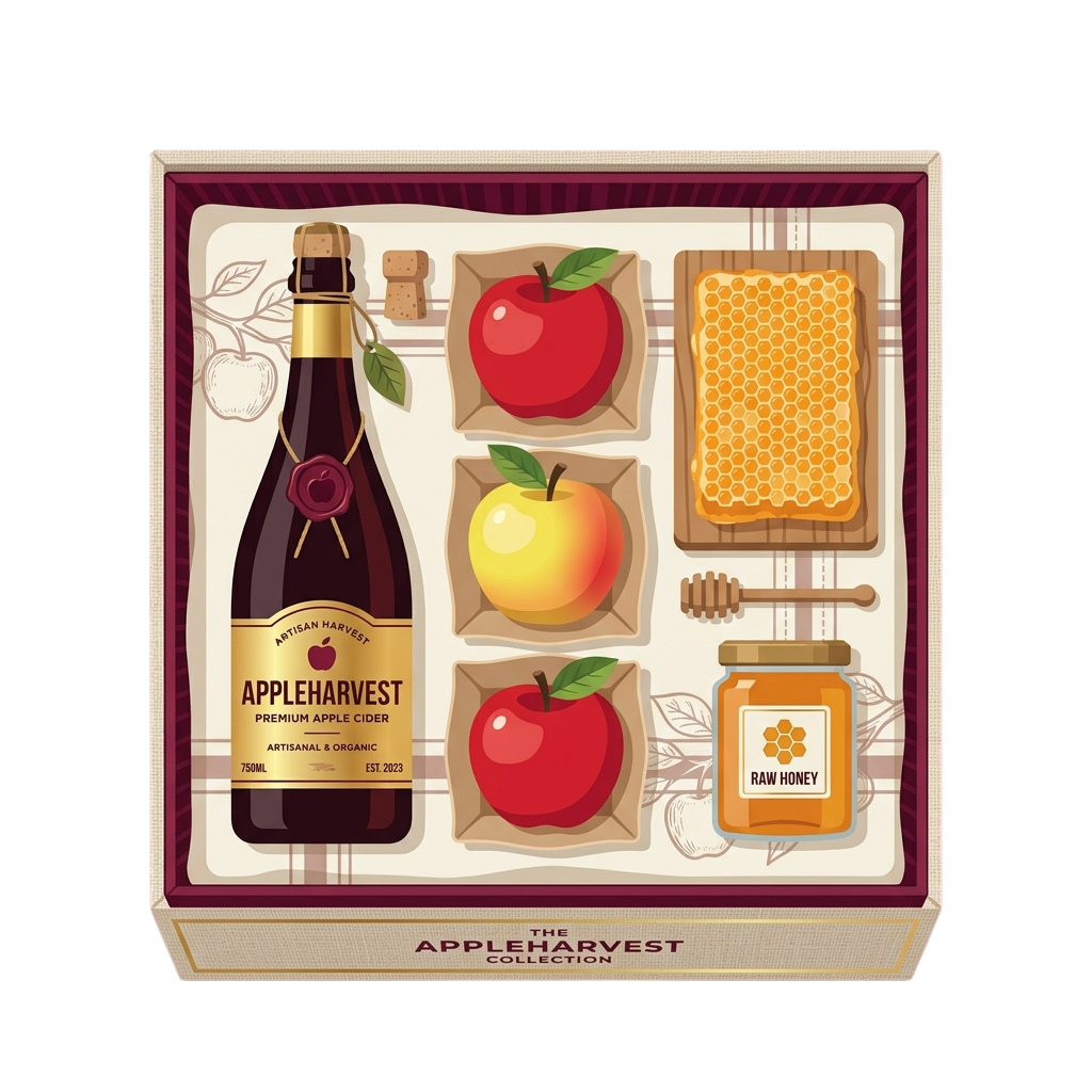 Illustration of a gift set with a bottle of cider, apples, honeycomb, and honey