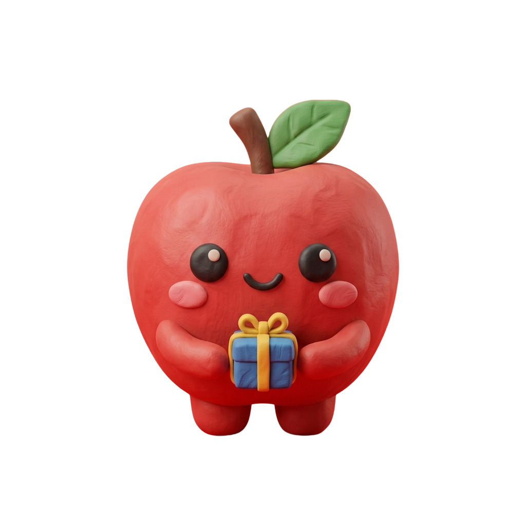 A cartoon red apple with a smiling face holding a blue gift