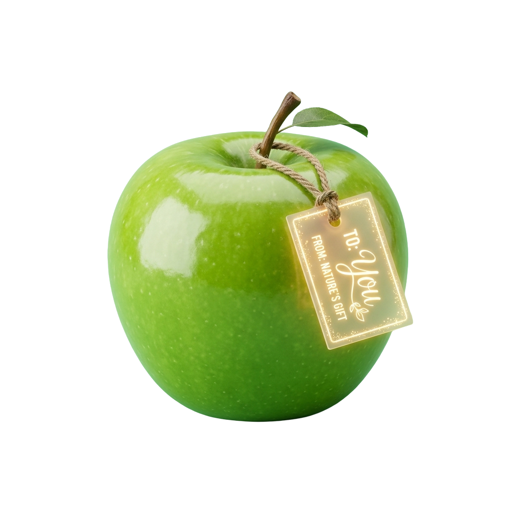 A green apple with a brown gift tag