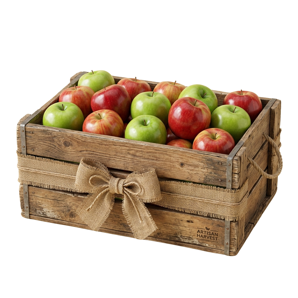 A wooden crate filled with red and green apples