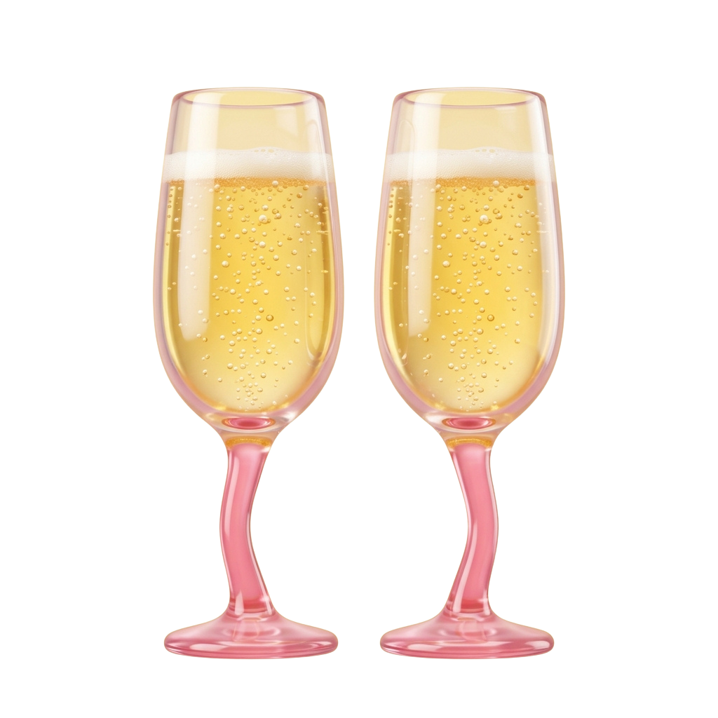 Two pink stemmed champagne flutes filled with golden bubbly liquid against a black background