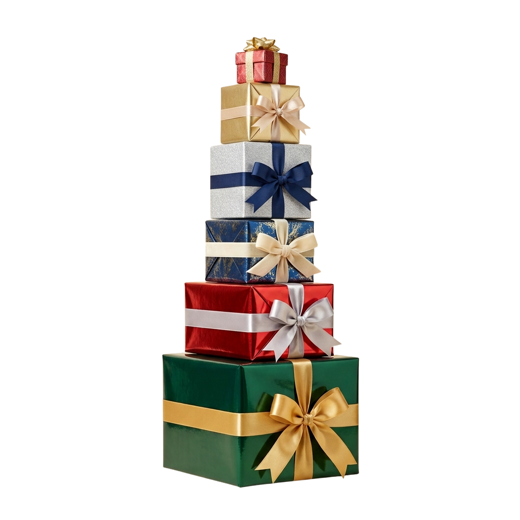 Five wrapped gift boxes stacked vertically, each adorned with decorative ribbons and bows.