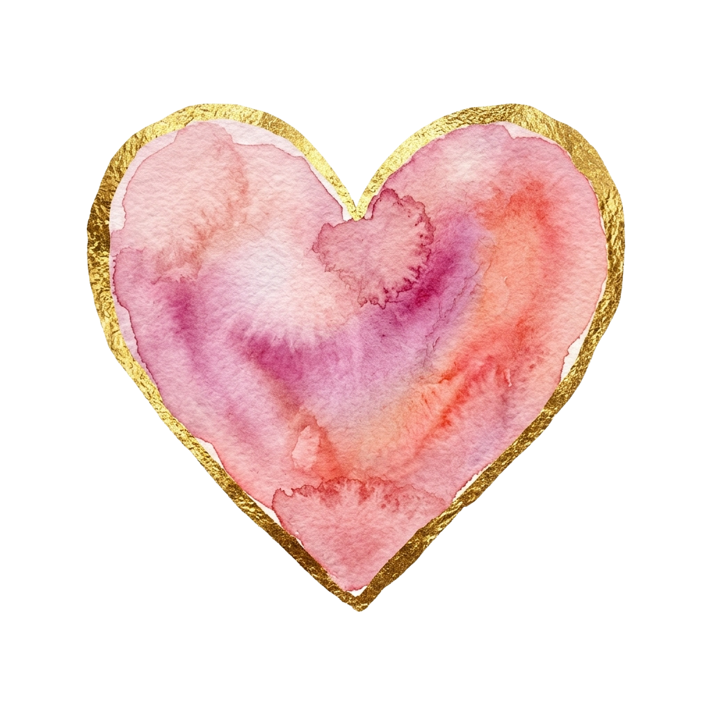 A watercolor heart with soft pink and purple hues outlined in gold on a black background