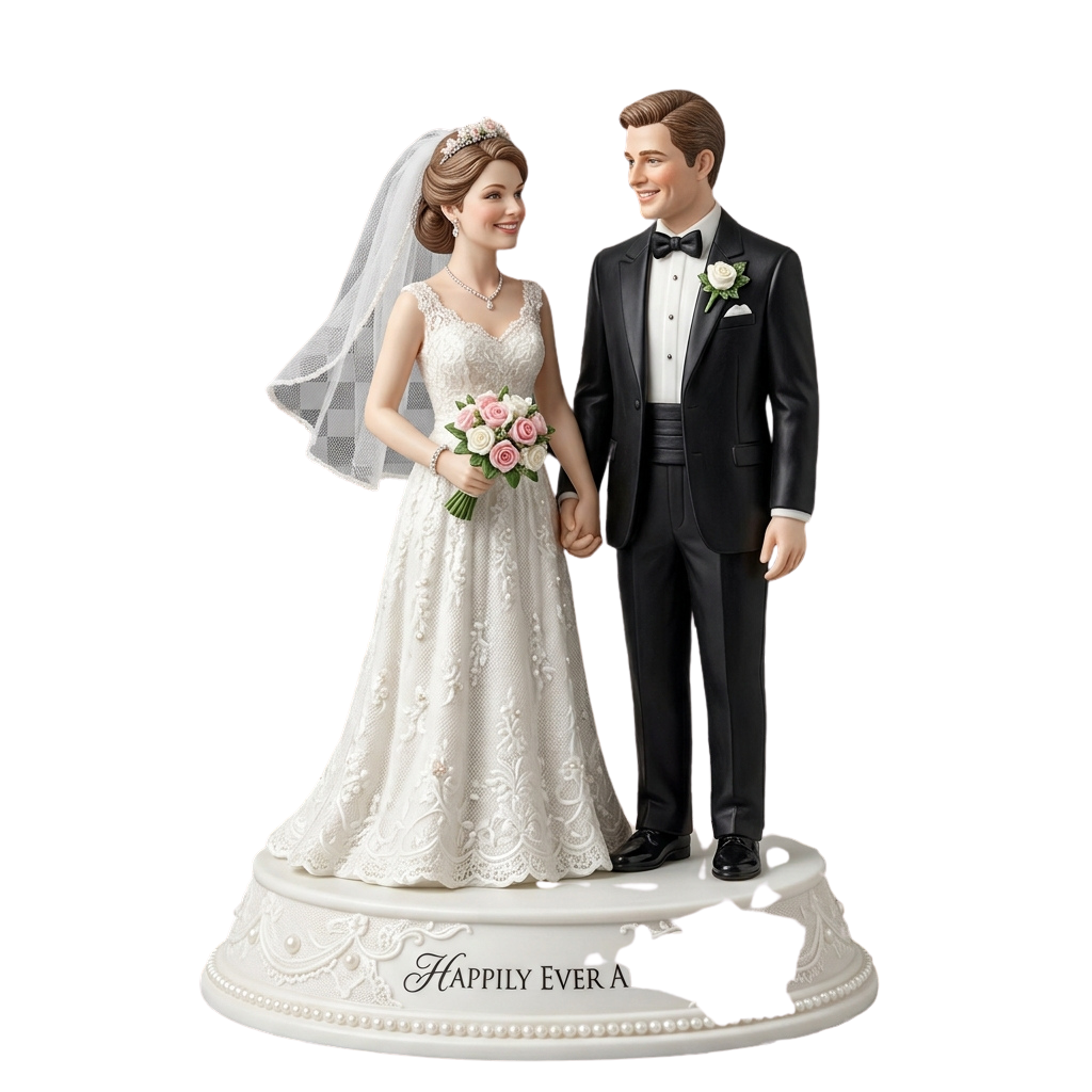 A bride and groom figurine standing together on a cake topper with the words Happily Ever After