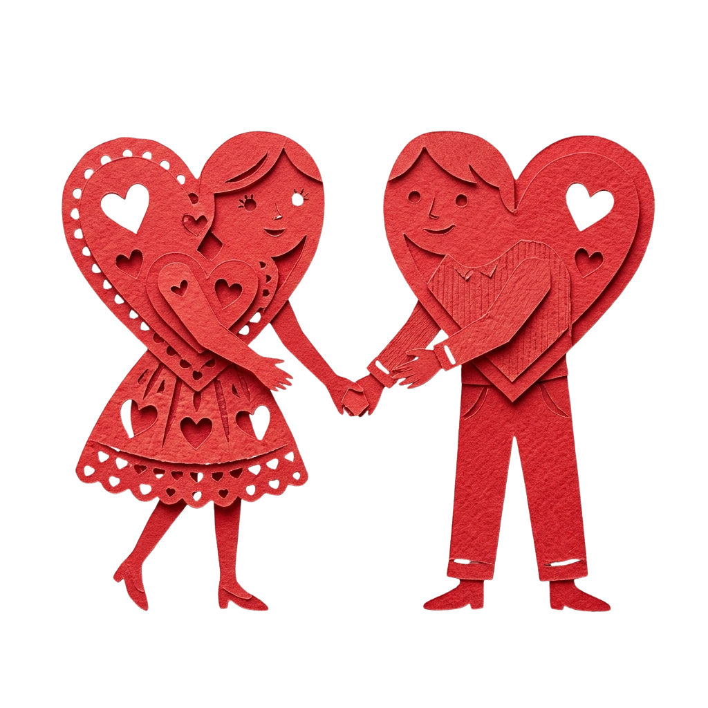 Two red heart-shaped paper cutouts holding hands, forming a couple with intricate lace detailing on the female figure