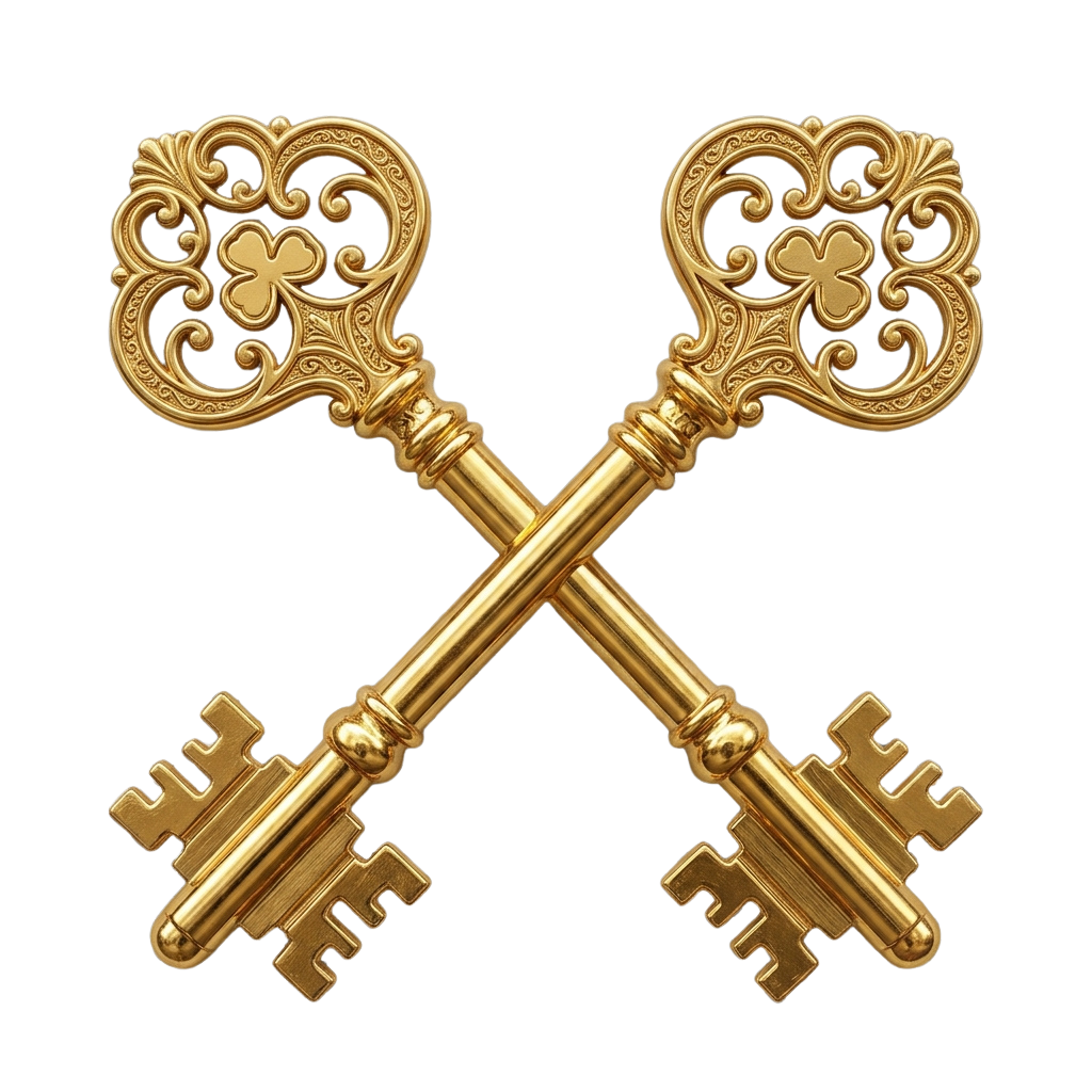 Two intricately designed golden keys crossed against a black background