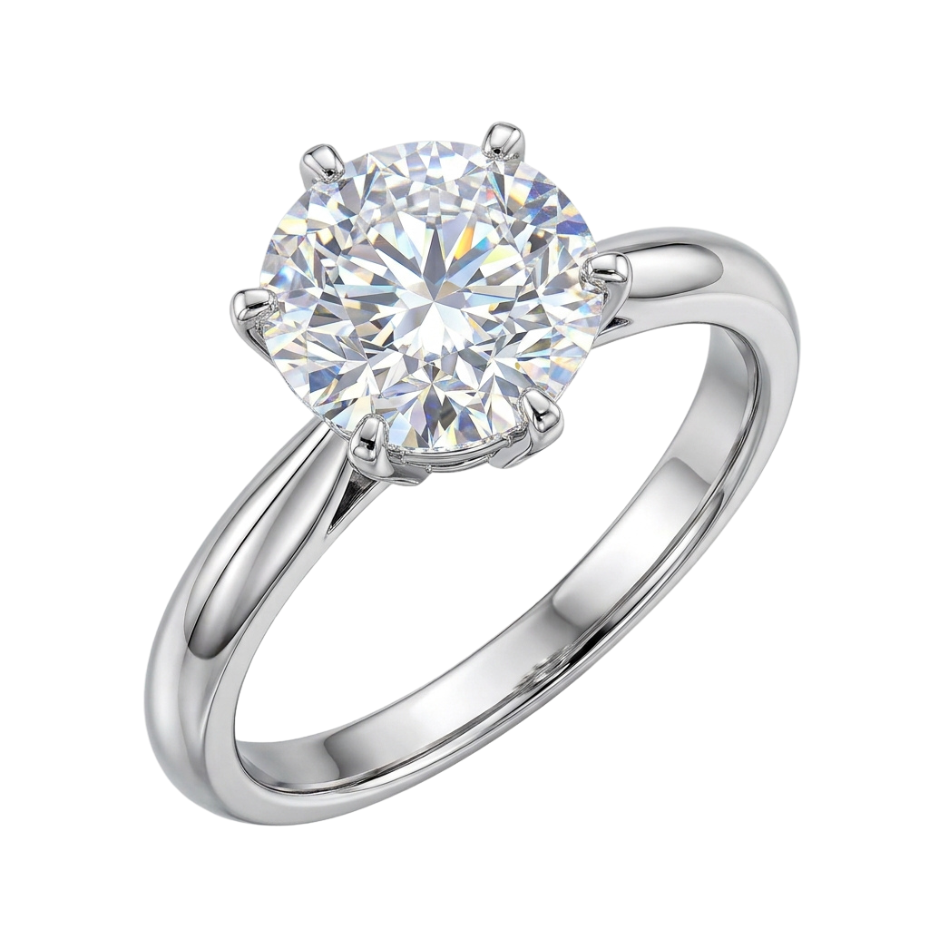 A solitaire diamond ring with a twisted shank and prong setting on a black background